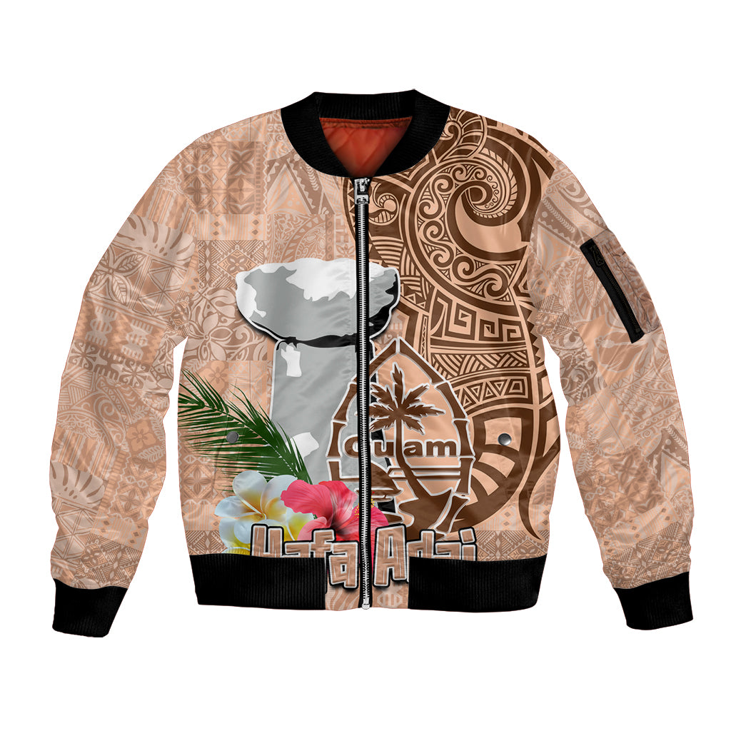 Guam Seal and Latte Stone With Ethnic Tapa Pattern Sleeve Zip Bomber Jacket Peach Fuzz Color LT03 Unisex Peach Fuzz - Polynesian Pride