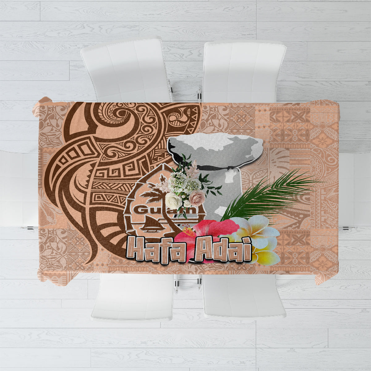 Guam Seal and Latte Stone With Ethnic Tapa Pattern Tablecloth Peach Fuzz Color LT03 Peach Fuzz - Polynesian Pride