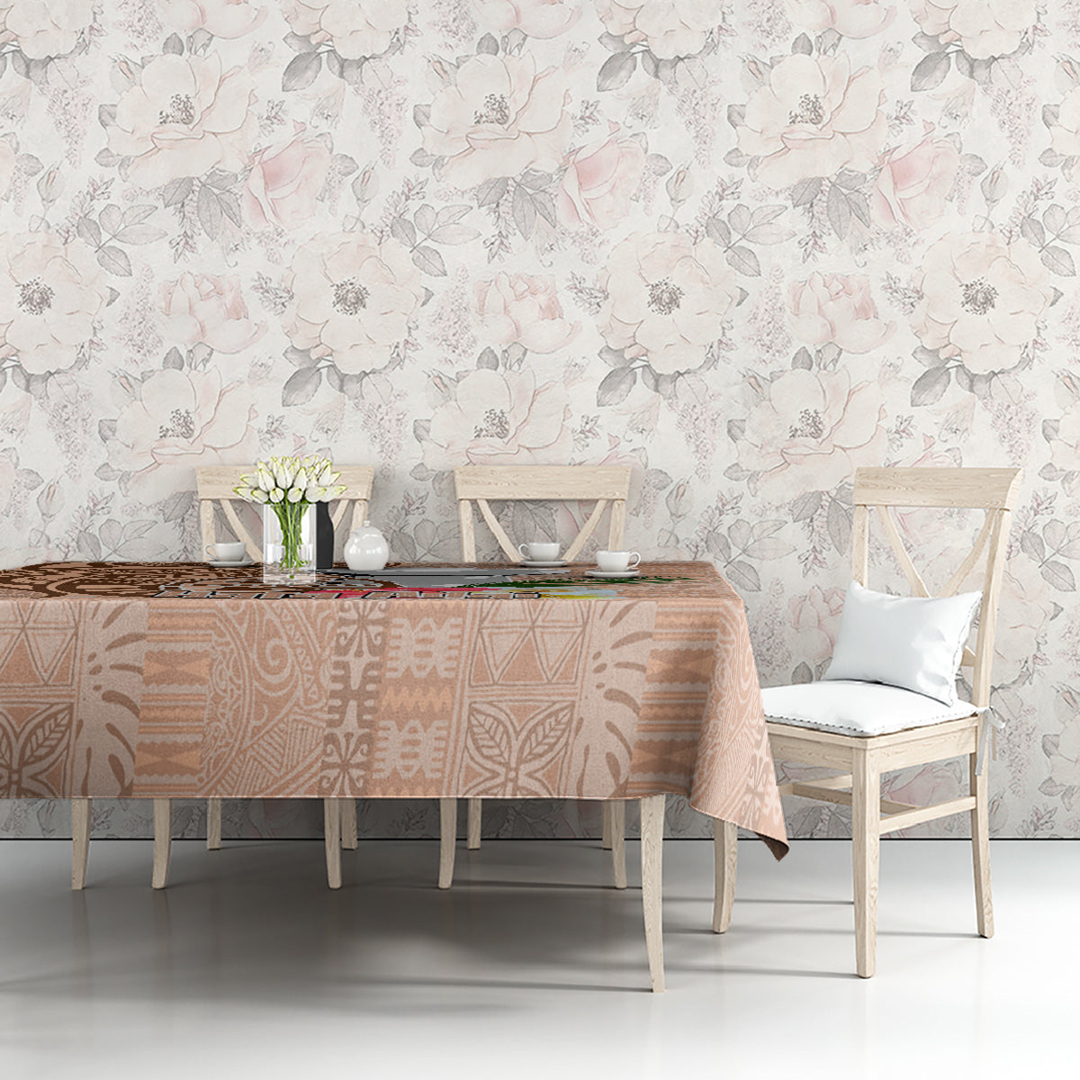 Guam Seal and Latte Stone With Ethnic Tapa Pattern Tablecloth Peach Fuzz Color LT03 - Polynesian Pride