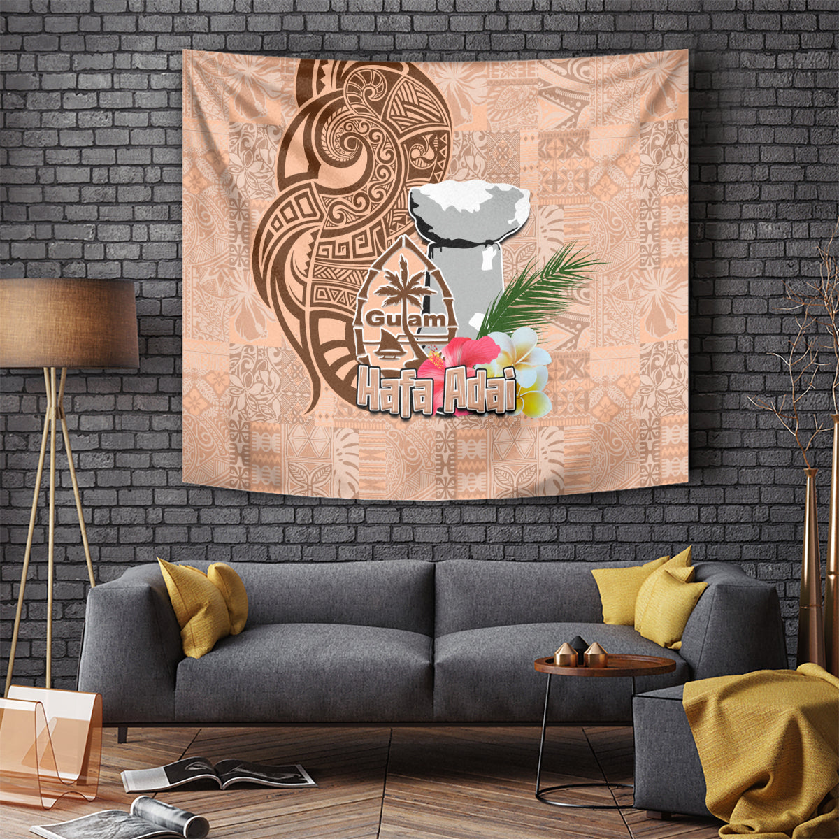 Guam Seal and Latte Stone With Ethnic Tapa Pattern Tapestry Peach Fuzz Color LT03 Peach Fuzz - Polynesian Pride
