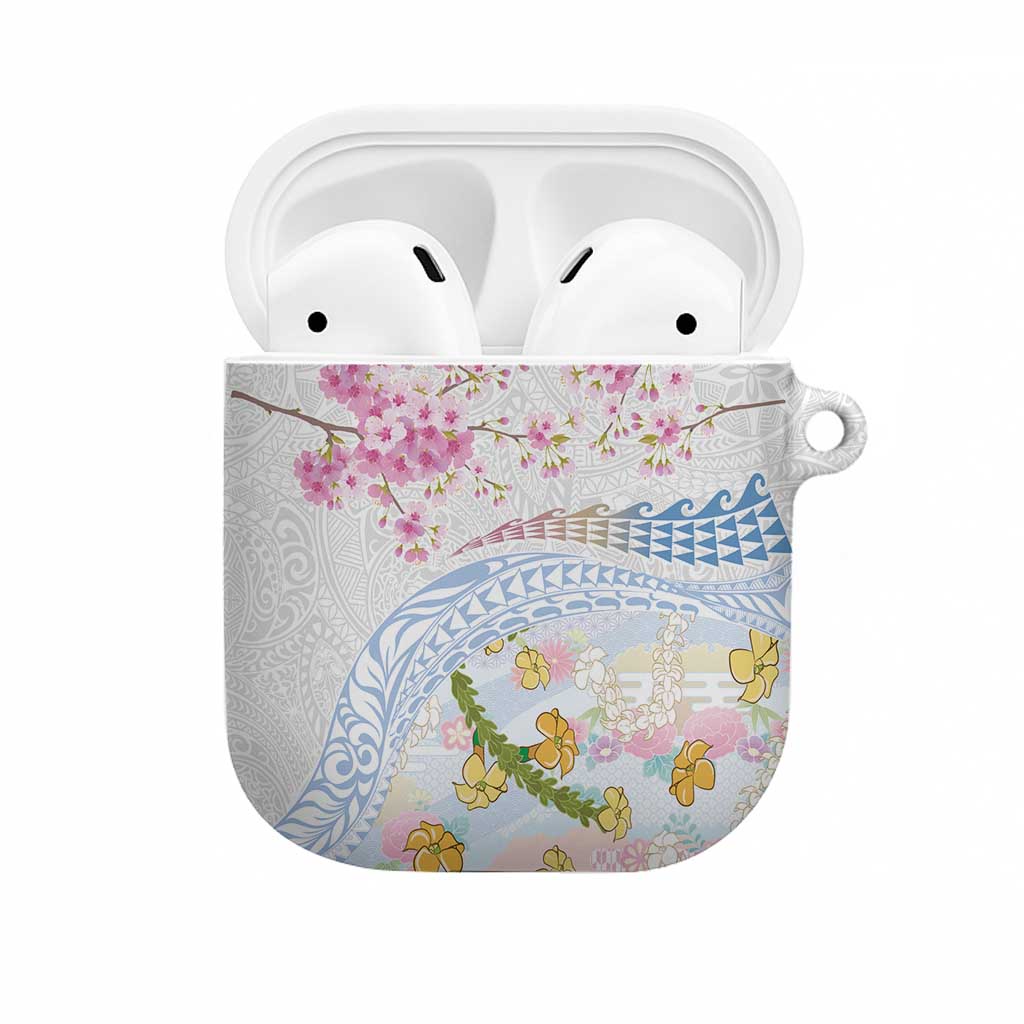 Hawaiian and Japanese Culture Together AirPods Case Tribal Motifs with Lei and Japanese Sakura Pattern