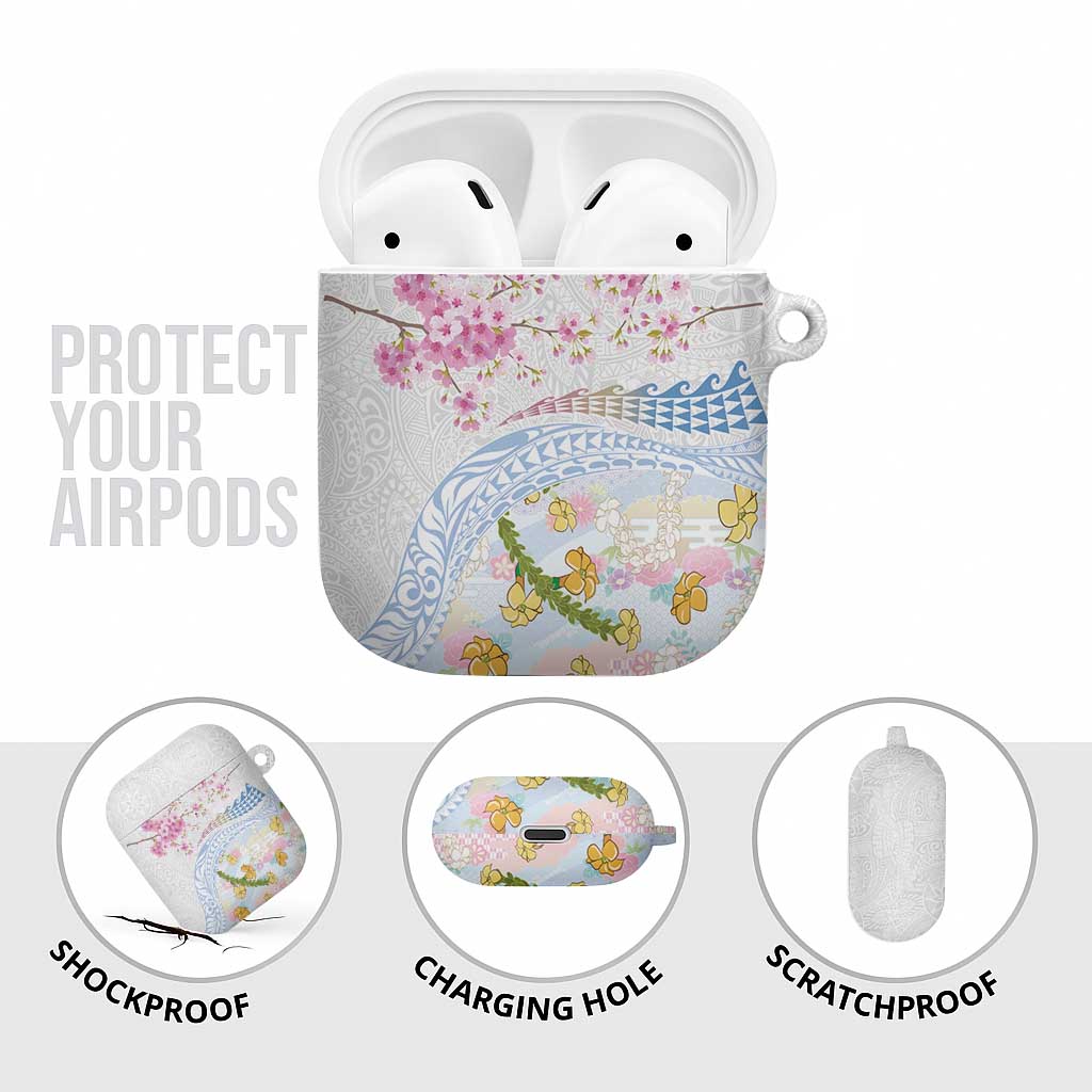 Hawaiian and Japanese Culture Together AirPods Case Tribal Motifs with Lei and Japanese Sakura Pattern