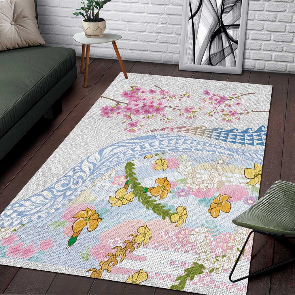 Hawaiian and Japanese Culture Together Area Rug Tribal Motifs with Lei and Japanese Sakura Pattern