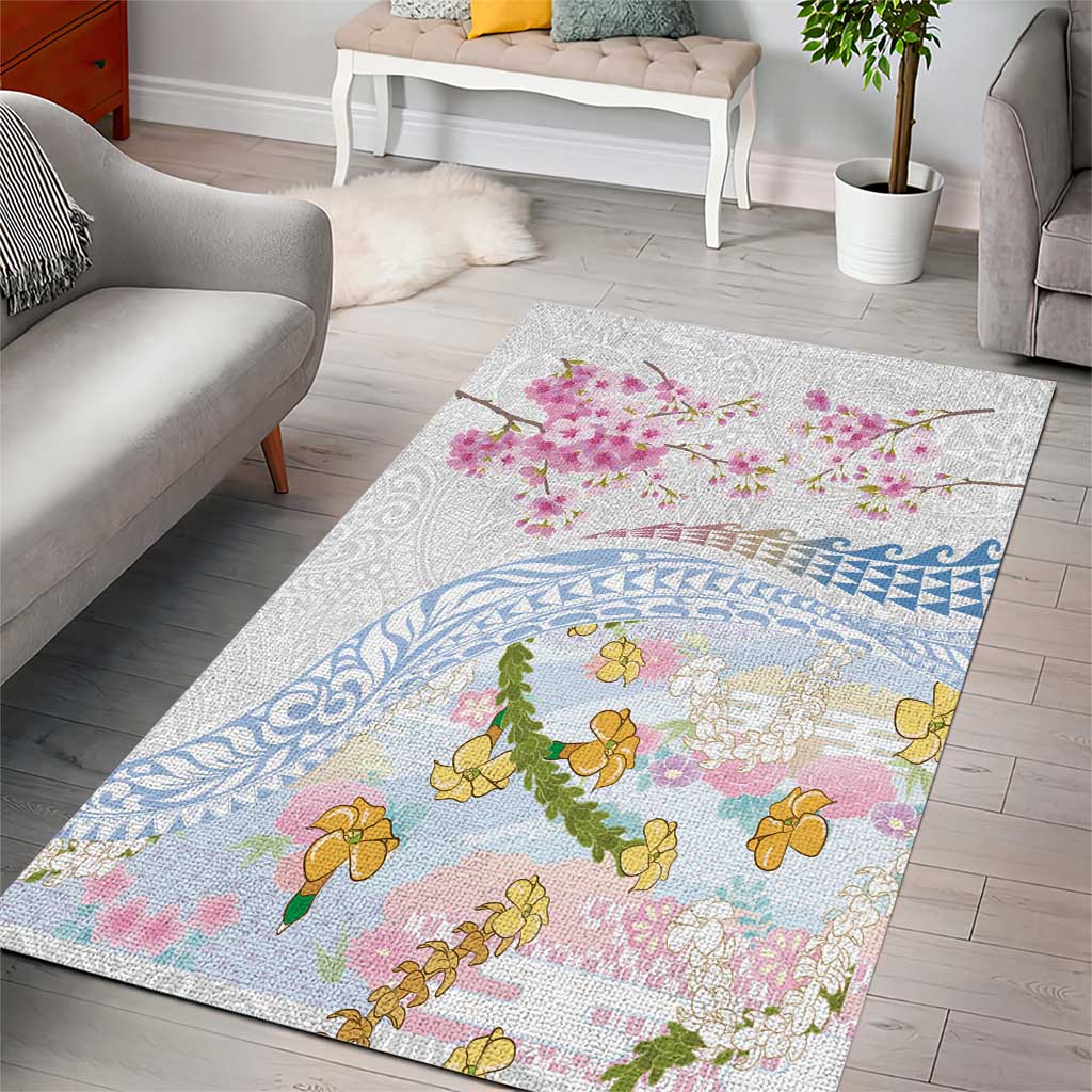 Hawaiian and Japanese Culture Together Area Rug Tribal Motifs with Lei and Japanese Sakura Pattern