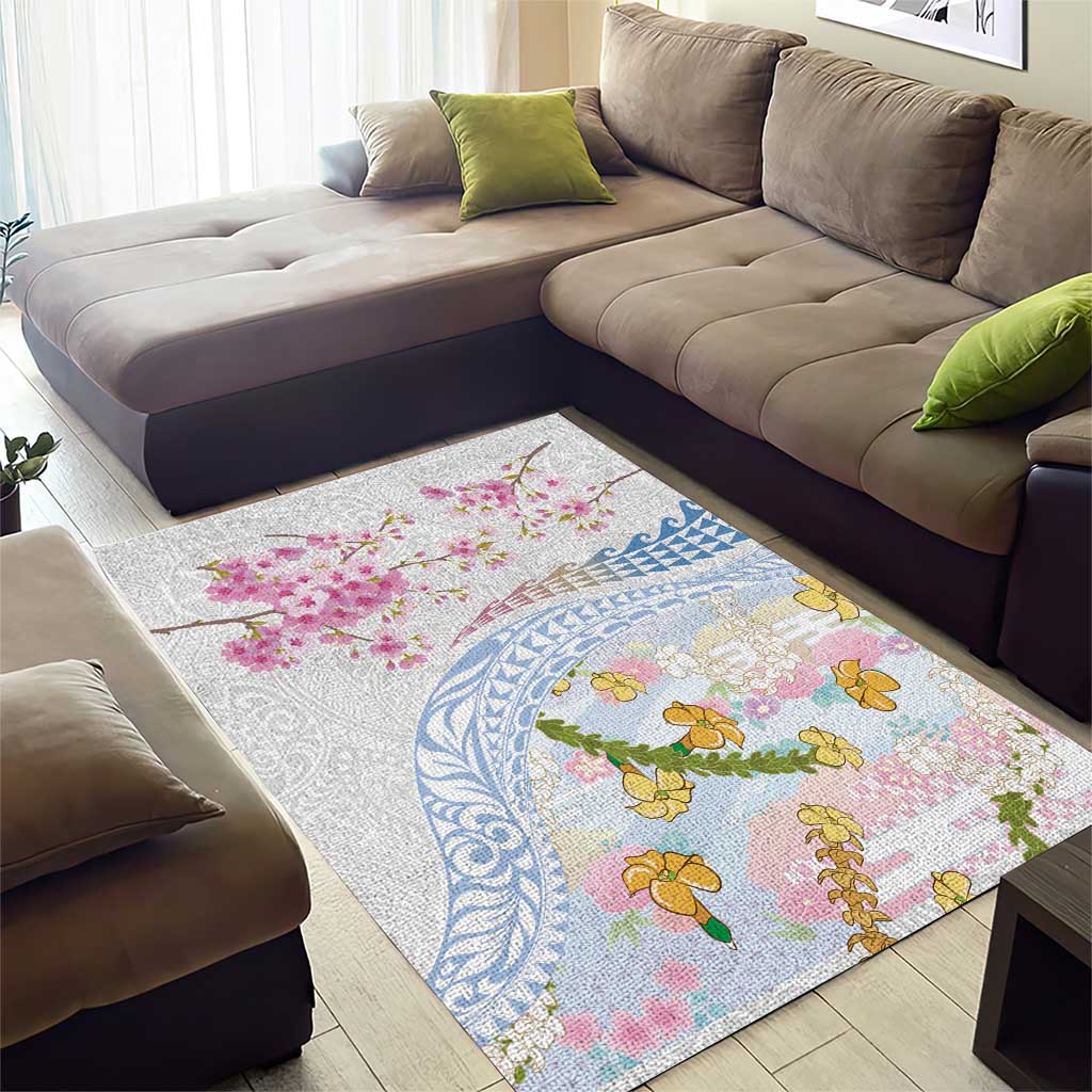 Hawaiian and Japanese Culture Together Area Rug Tribal Motifs with Lei and Japanese Sakura Pattern