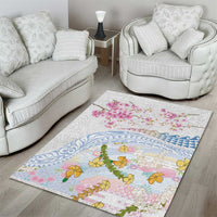 Hawaiian and Japanese Culture Together Area Rug Tribal Motifs with Lei and Japanese Sakura Pattern