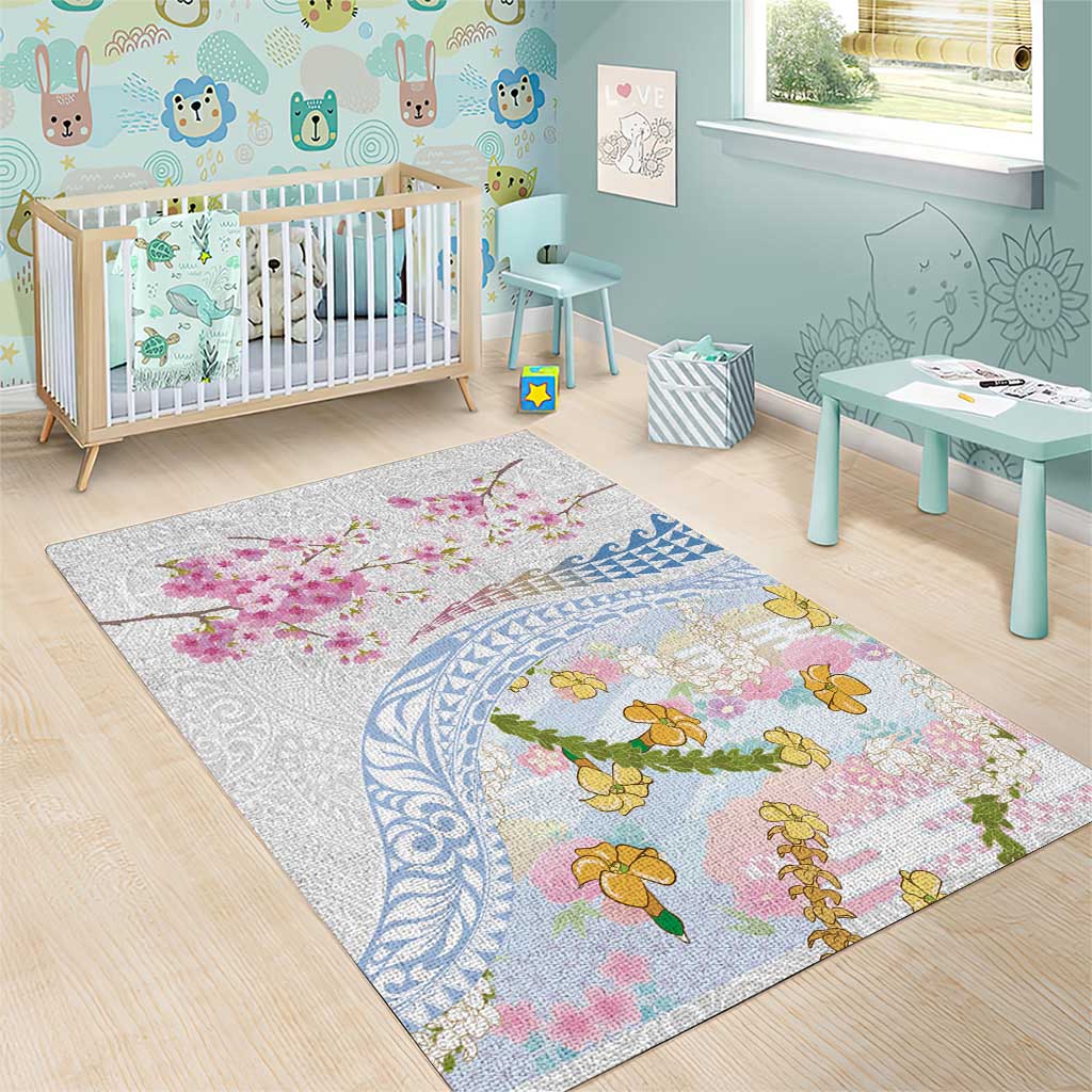 Hawaiian and Japanese Culture Together Area Rug Tribal Motifs with Lei and Japanese Sakura Pattern
