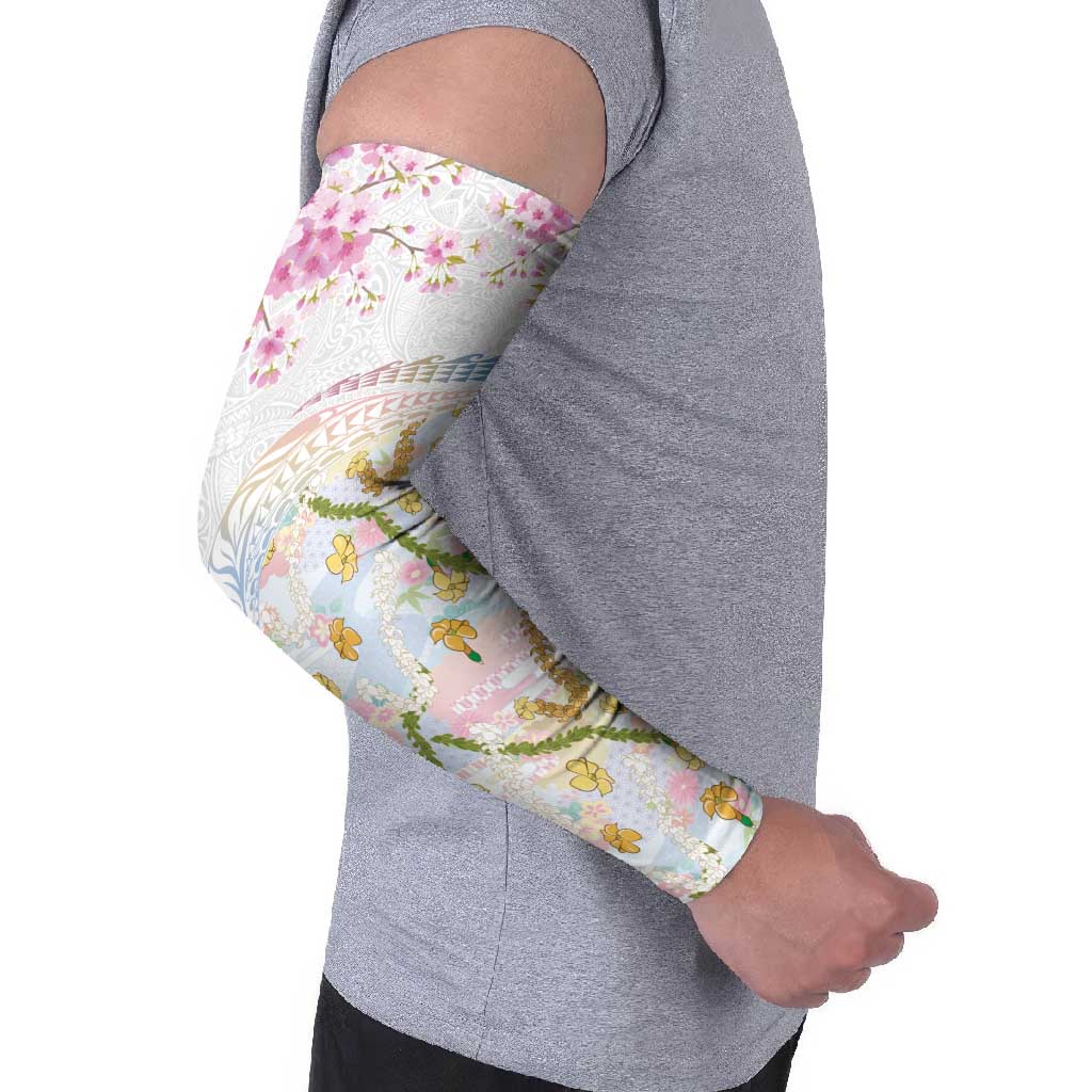 Hawaiian and Japanese Culture Together Arm Sleeves Tribal Motifs with Lei and Japanese Sakura Pattern