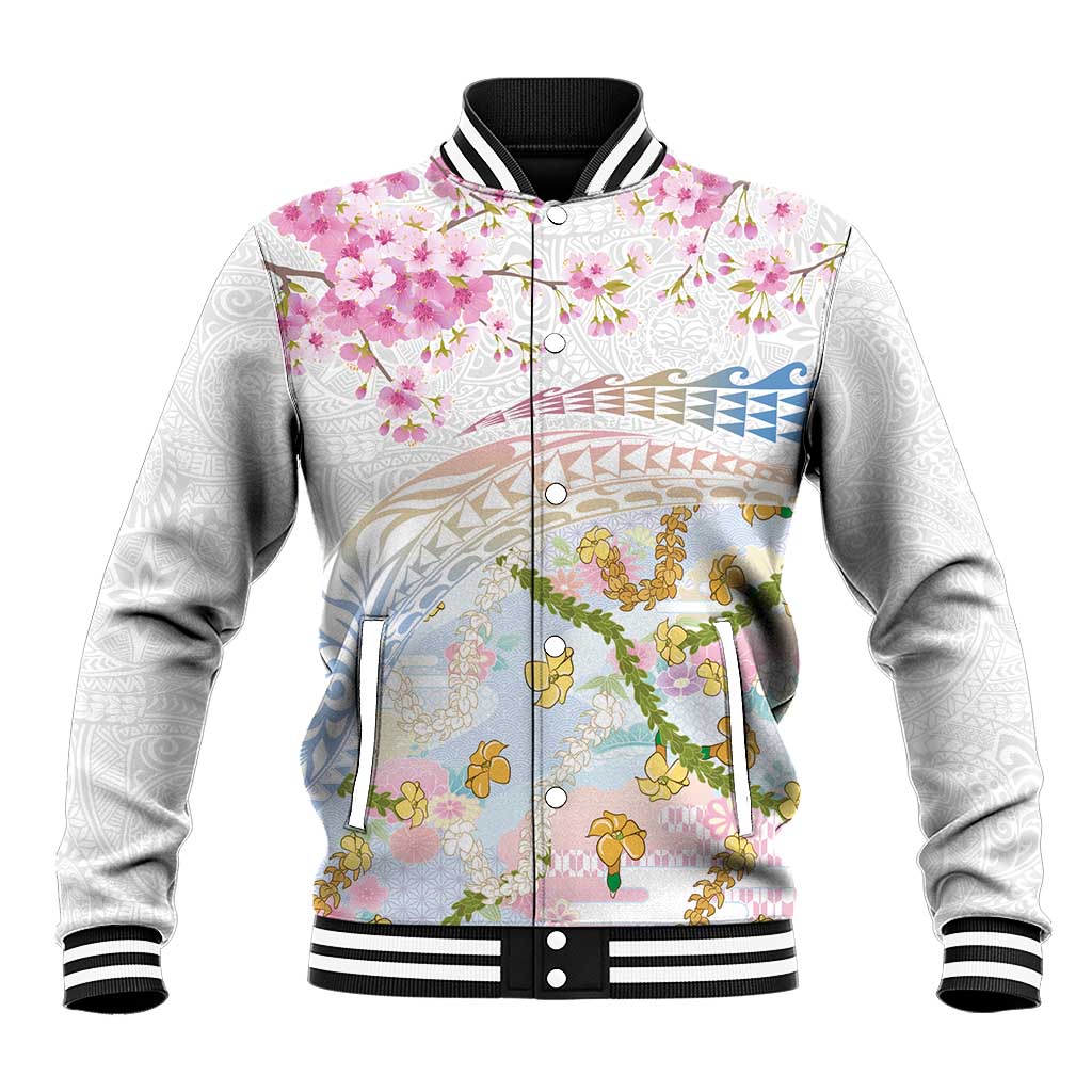 Hawaiian and Japanese Culture Together Baseball Jacket Tribal Motifs with Lei and Japanese Sakura Pattern