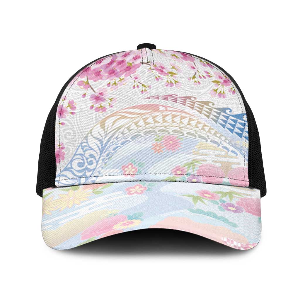 Hawaiian and Japanese Culture Together Baseball Net Cap Tribal Motifs with Lei and Japanese Sakura Pattern LT03 One Size Black White - Polynesian Pride