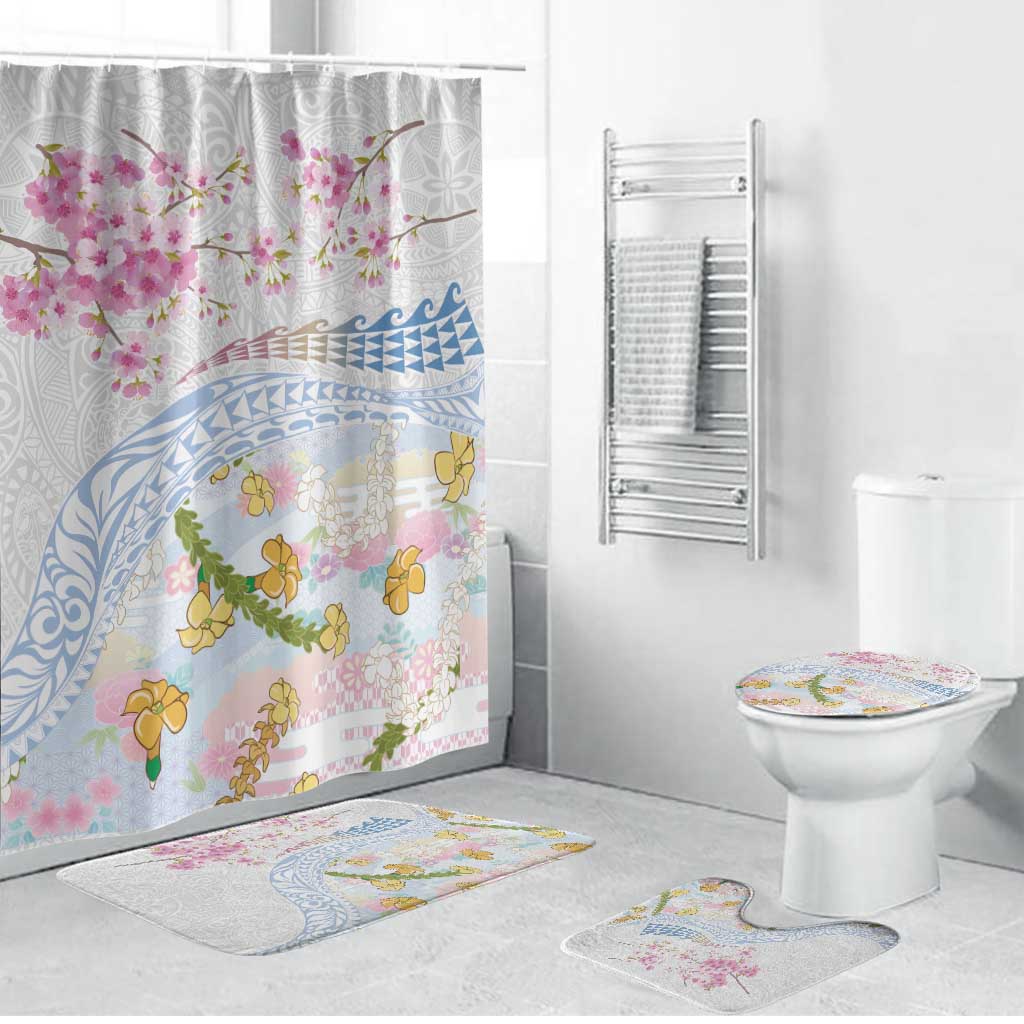 Hawaiian and Japanese Culture Together Bathroom Set Tribal Motifs with Lei and Japanese Sakura Pattern LT03 Bathroom Set (4 pcs) White - Polynesian Pride