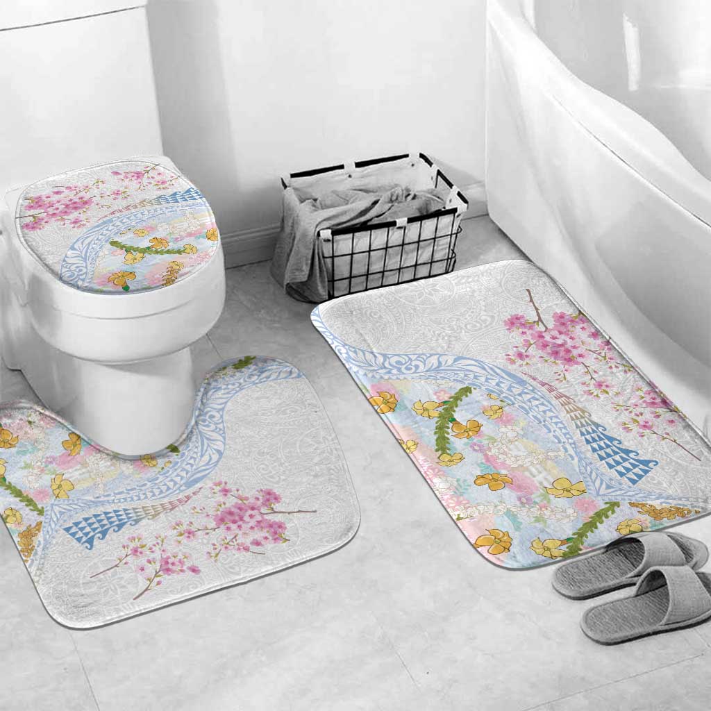 Hawaiian and Japanese Culture Together Bathroom Set Tribal Motifs with Lei and Japanese Sakura Pattern LT03 Mat Set Only (3 pcs) One Size White - Polynesian Pride