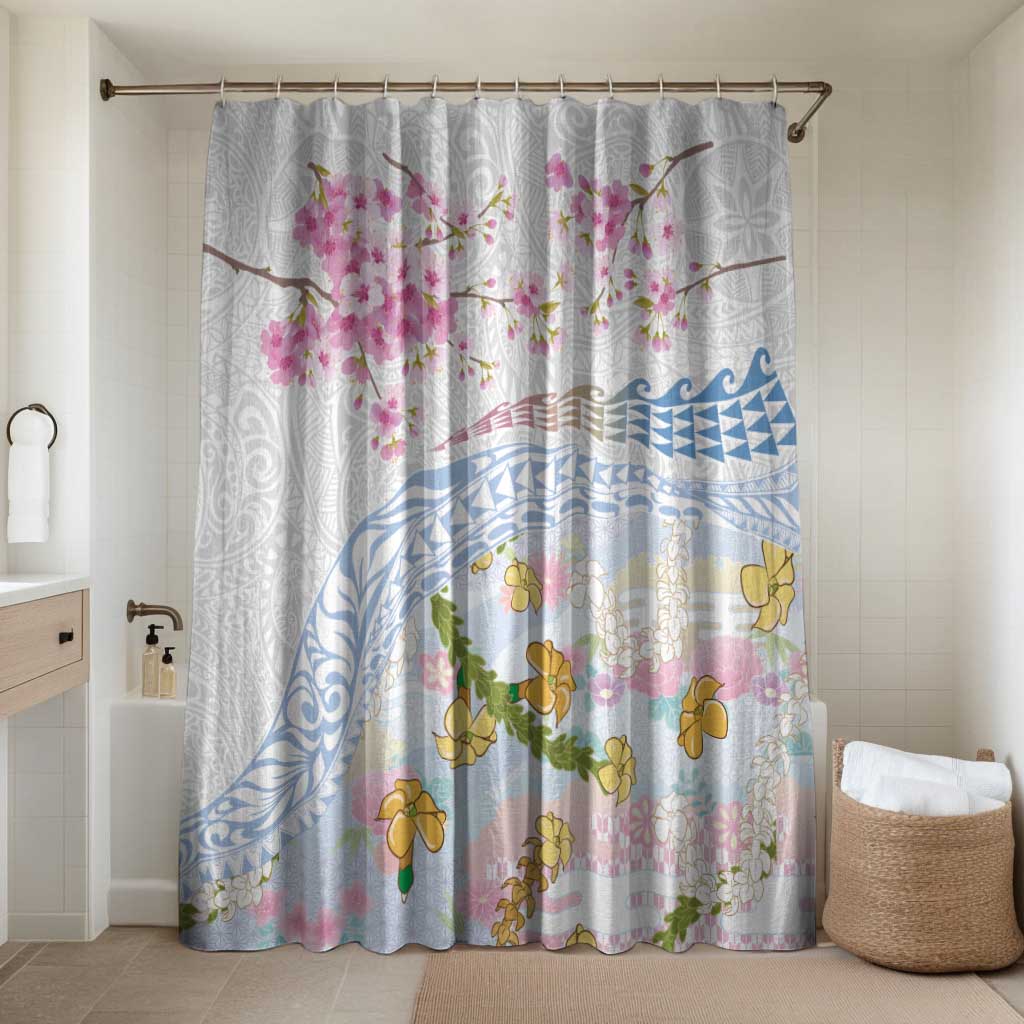 Hawaiian and Japanese Culture Together Bathroom Set Tribal Motifs with Lei and Japanese Sakura Pattern LT03 Shower Curtain Only White - Polynesian Pride