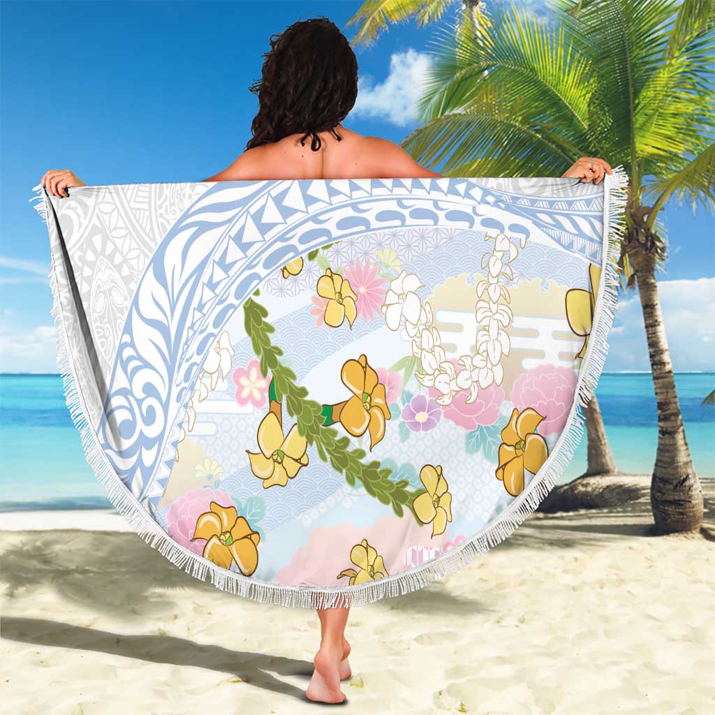 Hawaiian and Japanese Culture Together Beach Blanket Tribal Motifs with Lei and Japanese Sakura Pattern