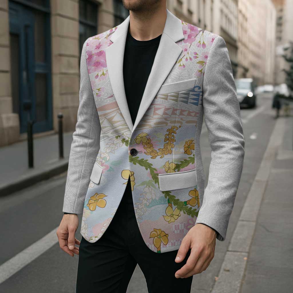 Hawaiian and Japanese Culture Together Blazer Tribal Motifs with Lei and Japanese Sakura Pattern