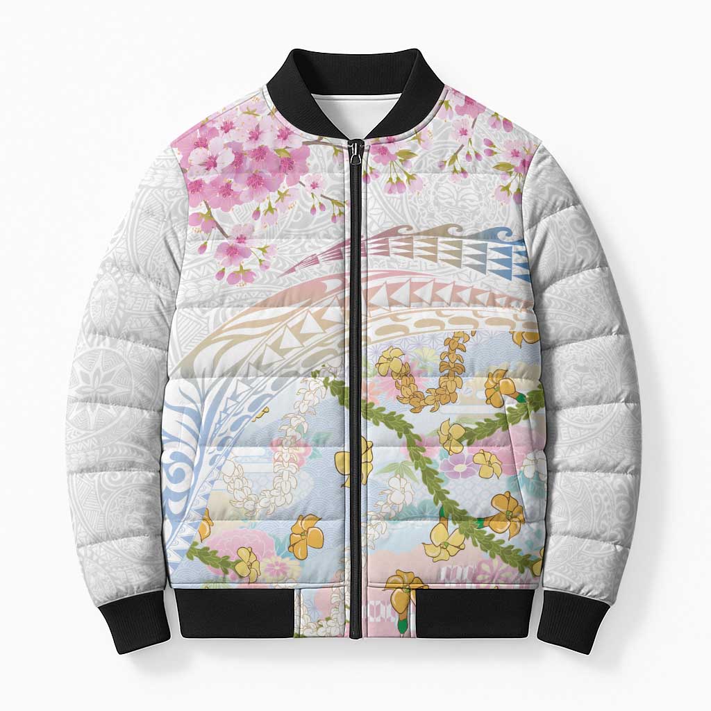 Hawaiian and Japanese Culture Together Bomber Puffer Jacket Tribal Motifs with Lei and Japanese Sakura Pattern