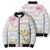 Hawaiian and Japanese Culture Together Bomber Puffer Jacket Tribal Motifs with Lei and Japanese Sakura Pattern