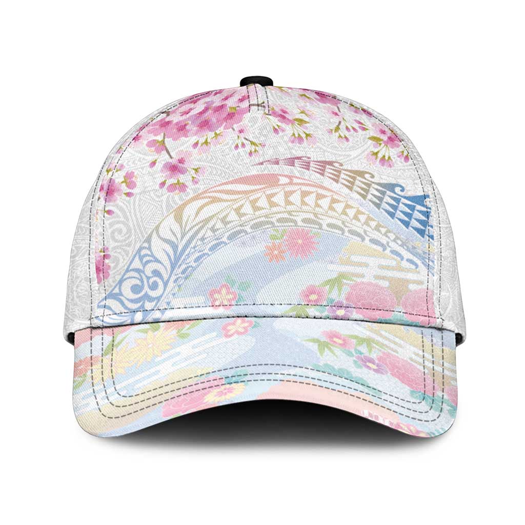 Hawaiian and Japanese Culture Together Classic Cap Tribal Motifs with Lei and Japanese Sakura Pattern