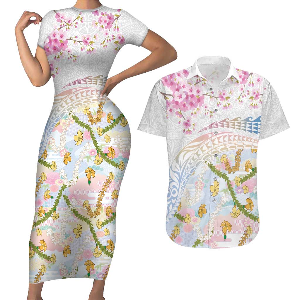 Hawaiian and Japanese Culture Together Couples Matching Short Sleeve Bodycon Dress and Hawaiian Shirt Tribal Motifs with Lei and Japanese Sakura Pattern LT03 White - Polynesian Pride