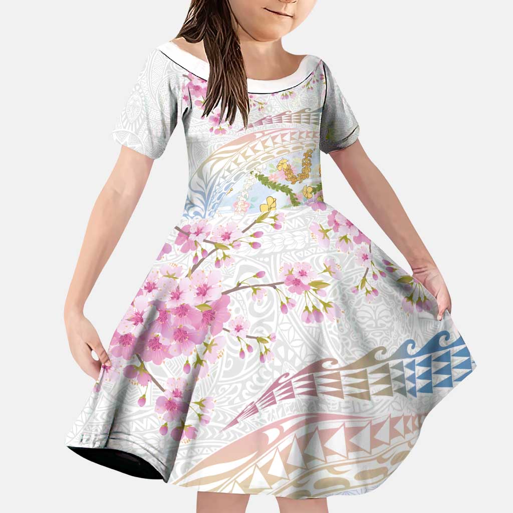 Hawaiian and Japanese Culture Together Family Matching Off The Shoulder Long Sleeve Dress and Hawaiian Shirt Tribal Motifs with Lei and Japanese Sakura Pattern LT03 Daughter's Dress White - Polynesian Pride