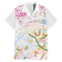 Hawaiian and Japanese Culture Together Family Matching Off The Shoulder Long Sleeve Dress and Hawaiian Shirt Tribal Motifs with Lei and Japanese Sakura Pattern LT03 Dad's Shirt - Short Sleeve White - Polynesian Pride