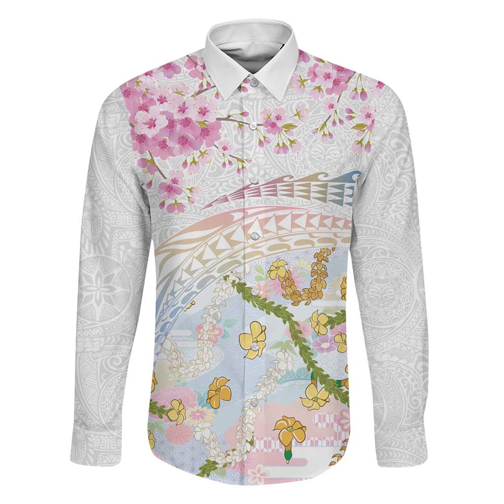 Hawaiian and Japanese Culture Together Family Matching Off The Shoulder Long Sleeve Dress and Hawaiian Shirt Tribal Motifs with Lei and Japanese Sakura Pattern LT03 Dad's Shirt - Long Sleeve White - Polynesian Pride