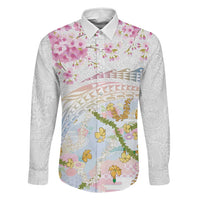 Hawaiian and Japanese Culture Together Family Matching Off The Shoulder Long Sleeve Dress and Hawaiian Shirt Tribal Motifs with Lei and Japanese Sakura Pattern LT03 Dad's Shirt - Long Sleeve White - Polynesian Pride