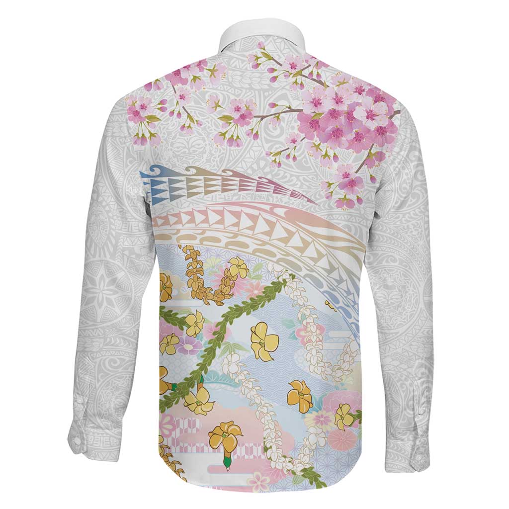 Hawaiian and Japanese Culture Together Family Matching Off The Shoulder Long Sleeve Dress and Hawaiian Shirt Tribal Motifs with Lei and Japanese Sakura Pattern LT03 - Polynesian Pride