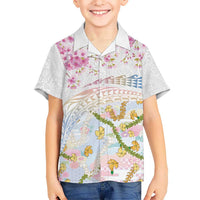 Hawaiian and Japanese Culture Together Family Matching Off The Shoulder Long Sleeve Dress and Hawaiian Shirt Tribal Motifs with Lei and Japanese Sakura Pattern LT03 Son's Shirt White - Polynesian Pride