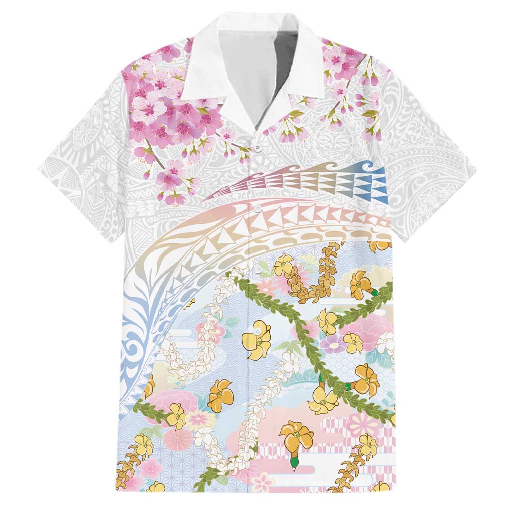 Hawaiian and Japanese Culture Together Family Matching Off Shoulder Short Dress and Hawaiian Shirt Tribal Motifs with Lei and Japanese Sakura Pattern LT03 Dad's Shirt - Short Sleeve White - Polynesian Pride