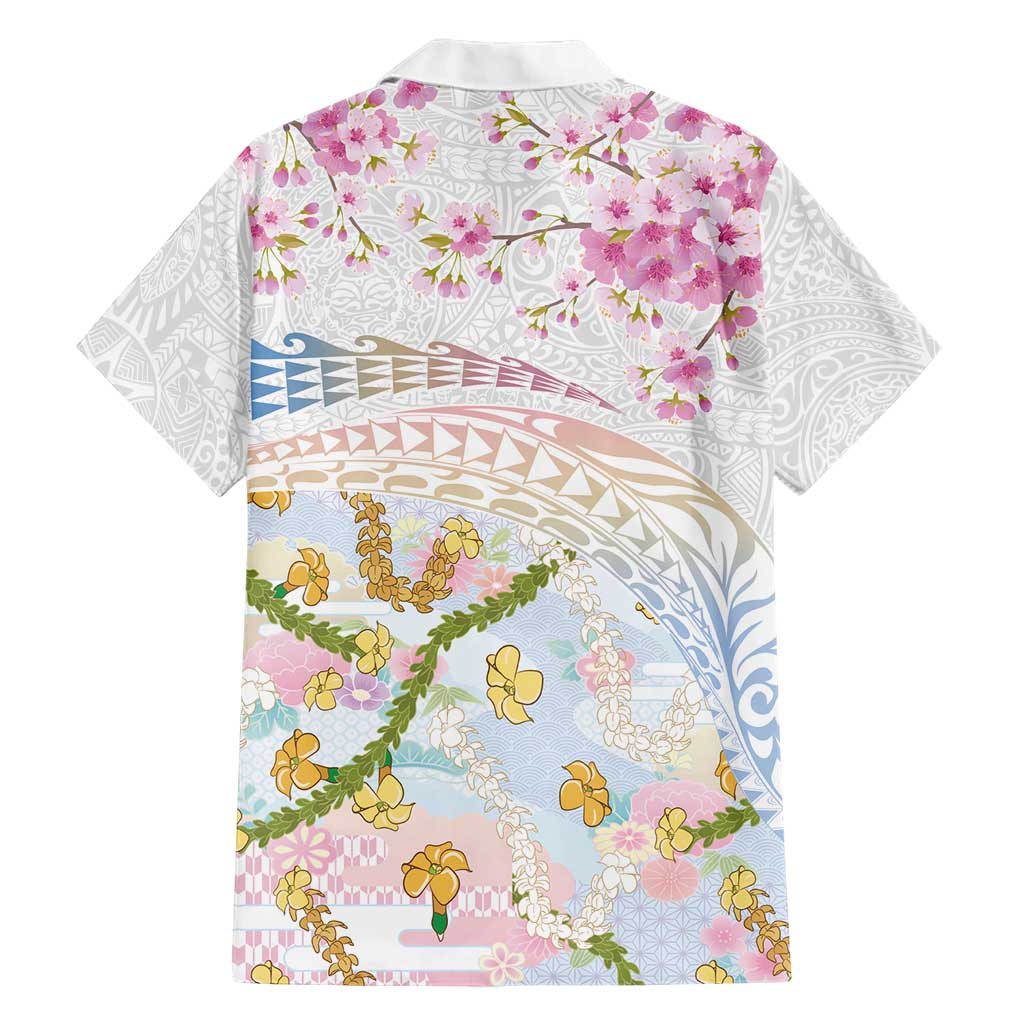Hawaiian and Japanese Culture Together Family Matching Short Sleeve Bodycon Dress and Hawaiian Shirt Tribal Motifs with Lei and Japanese Sakura Pattern LT03 - Polynesian Pride