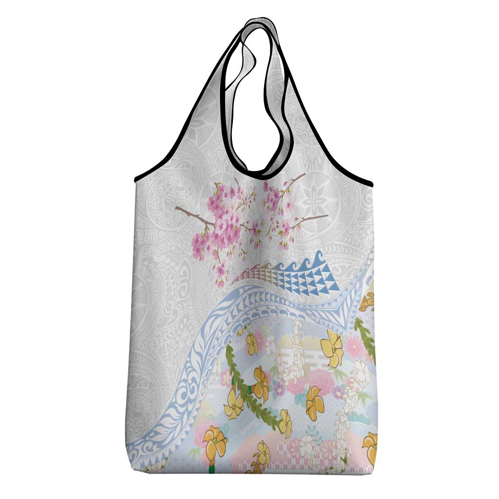 Hawaiian and Japanese Culture Together Grocery Bag Tribal Motifs with Lei and Japanese Sakura Pattern