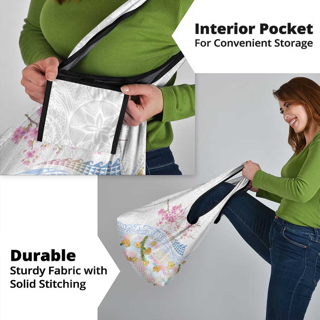 Hawaiian and Japanese Culture Together Grocery Bag Tribal Motifs with Lei and Japanese Sakura Pattern