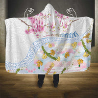 Hawaiian and Japanese Culture Together Hooded Blanket Tribal Motifs with Lei and Japanese Sakura Pattern