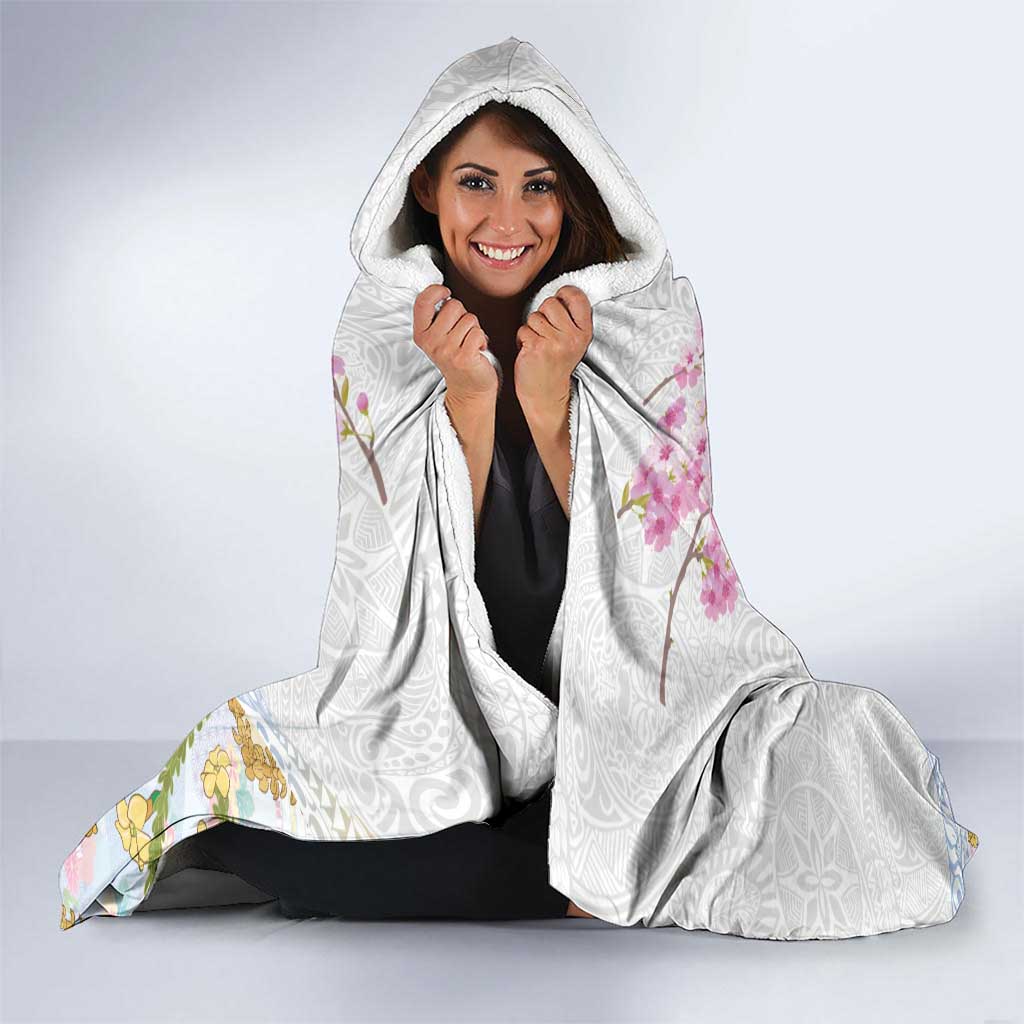Hawaiian and Japanese Culture Together Hooded Blanket Tribal Motifs with Lei and Japanese Sakura Pattern