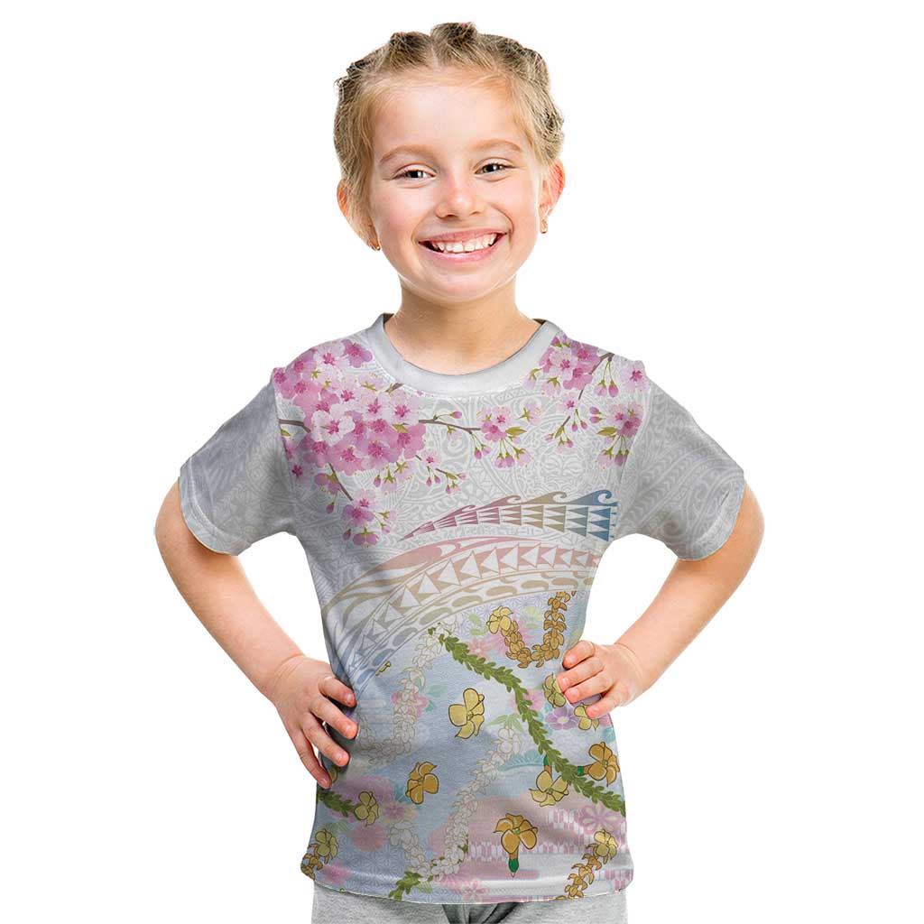Hawaiian and Japanese Culture Together Kid T Shirt Tribal Motifs with Lei and Japanese Sakura Pattern