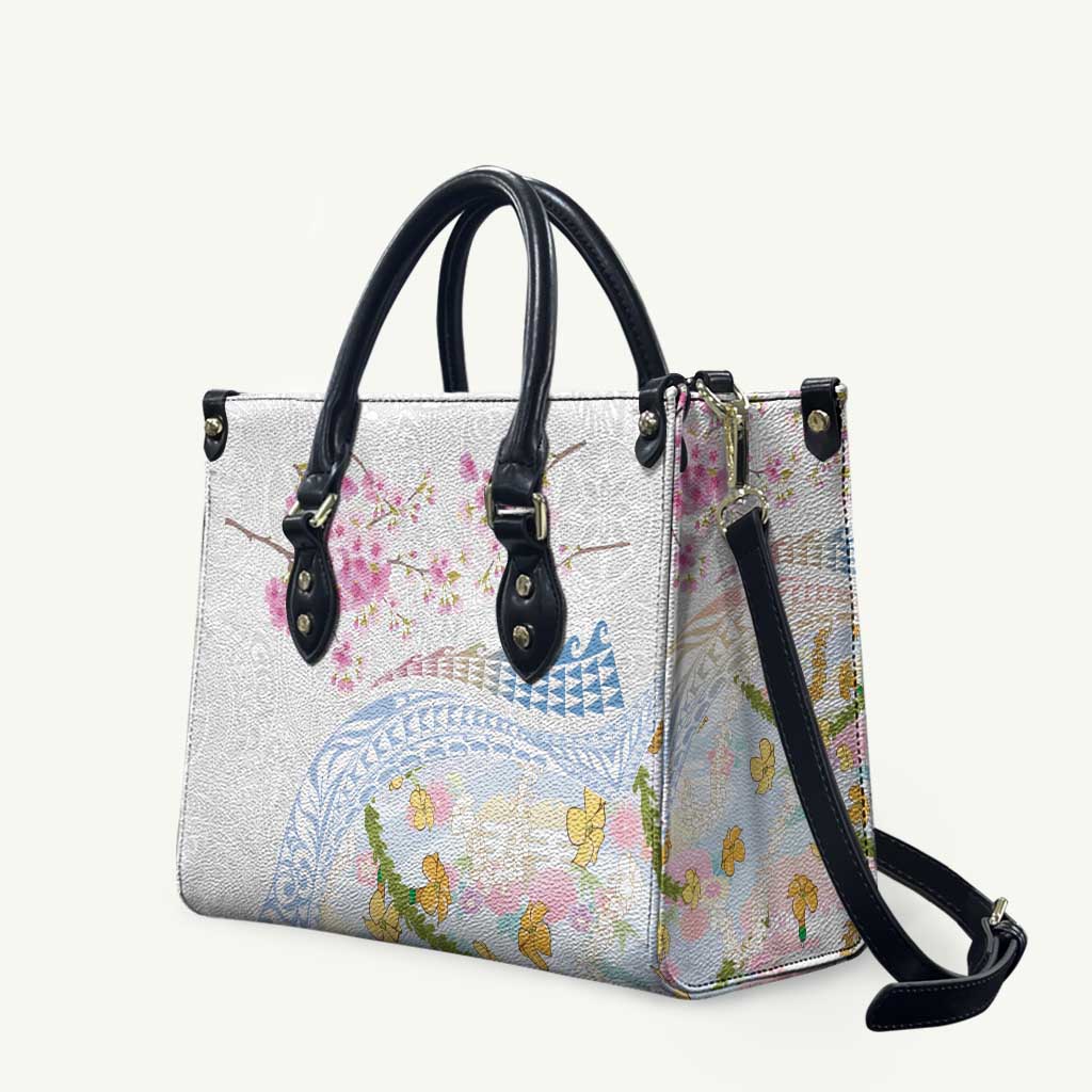 Hawaiian and Japanese Culture Together Leather Bag Tribal Motifs with Lei and Japanese Sakura Pattern