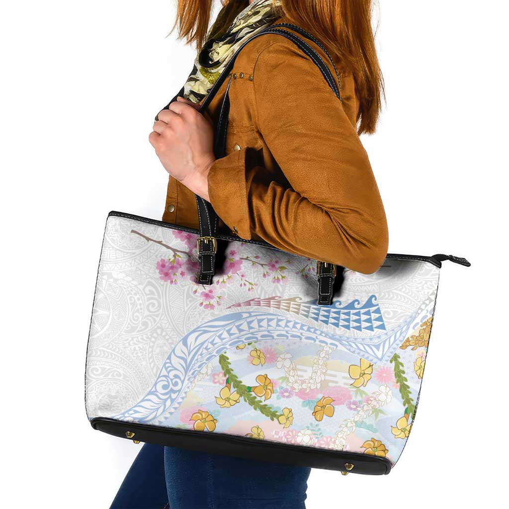 Hawaiian and Japanese Culture Together Leather Tote Bag Tribal Motifs with Lei and Japanese Sakura Pattern