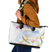 Hawaiian and Japanese Culture Together Leather Tote Bag Tribal Motifs with Lei and Japanese Sakura Pattern