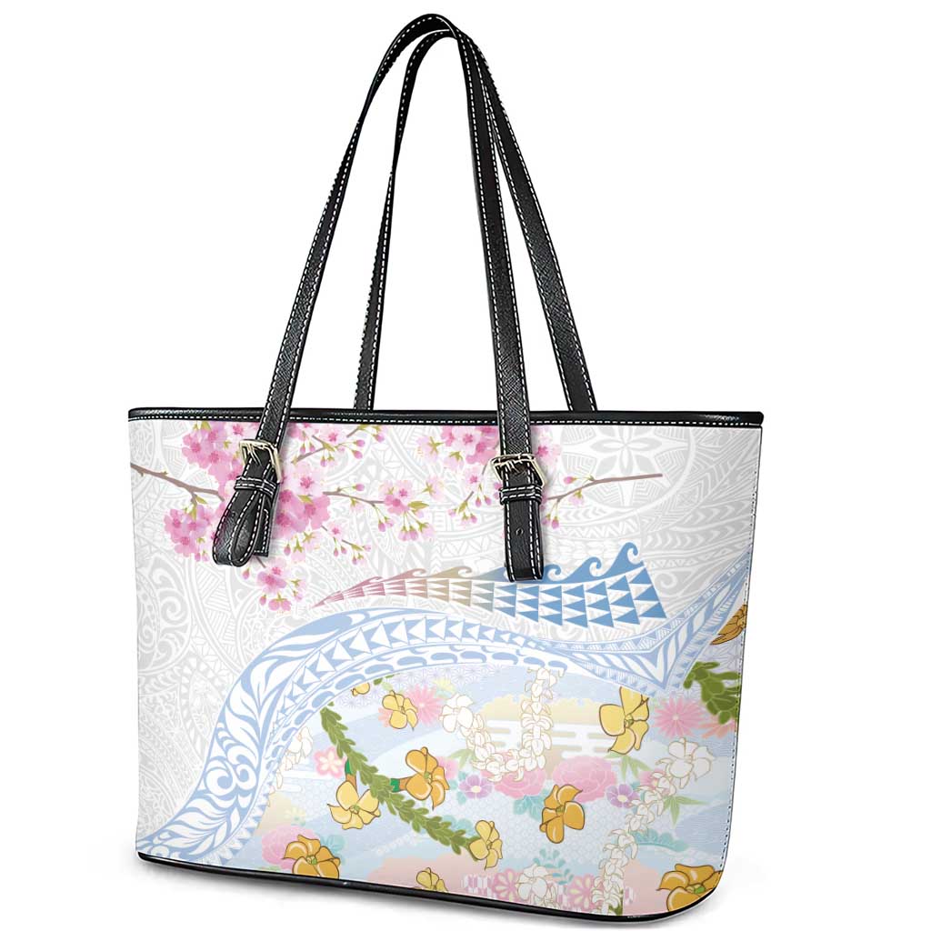 Hawaiian and Japanese Culture Together Leather Tote Bag Tribal Motifs with Lei and Japanese Sakura Pattern