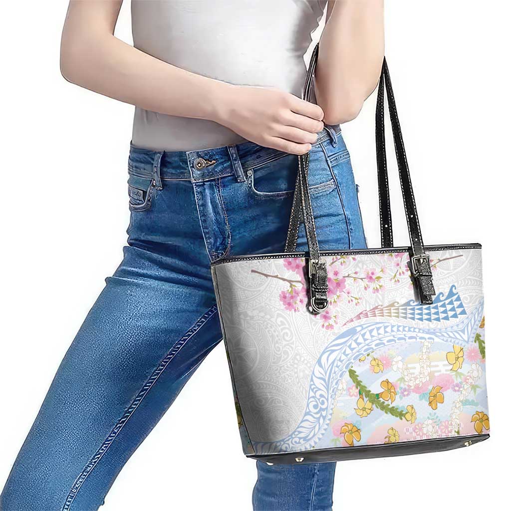 Hawaiian and Japanese Culture Together Leather Tote Bag Tribal Motifs with Lei and Japanese Sakura Pattern