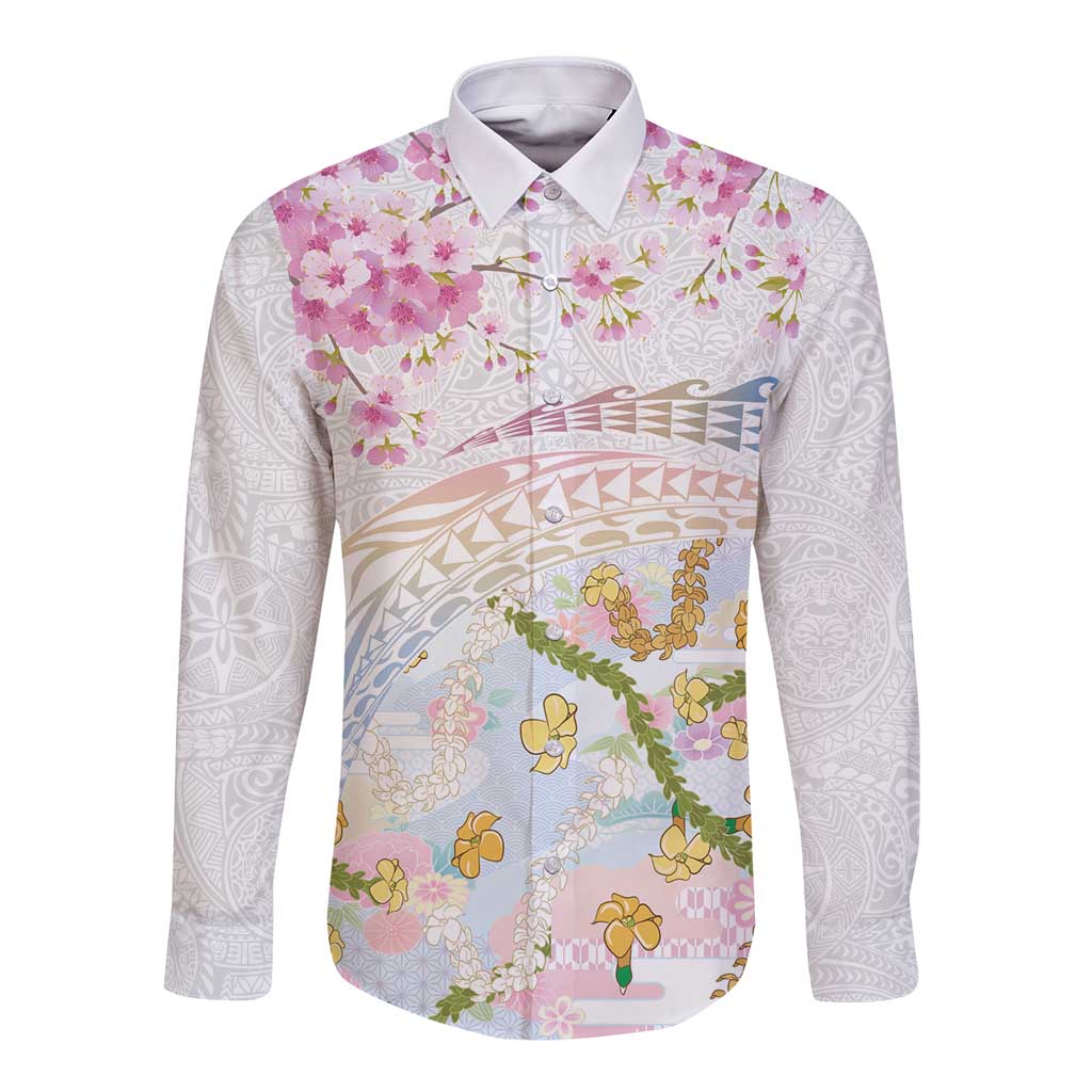 Hawaiian and Japanese Culture Together Long Sleeve Button Shirt Tribal Motifs with Lei and Japanese Sakura Pattern