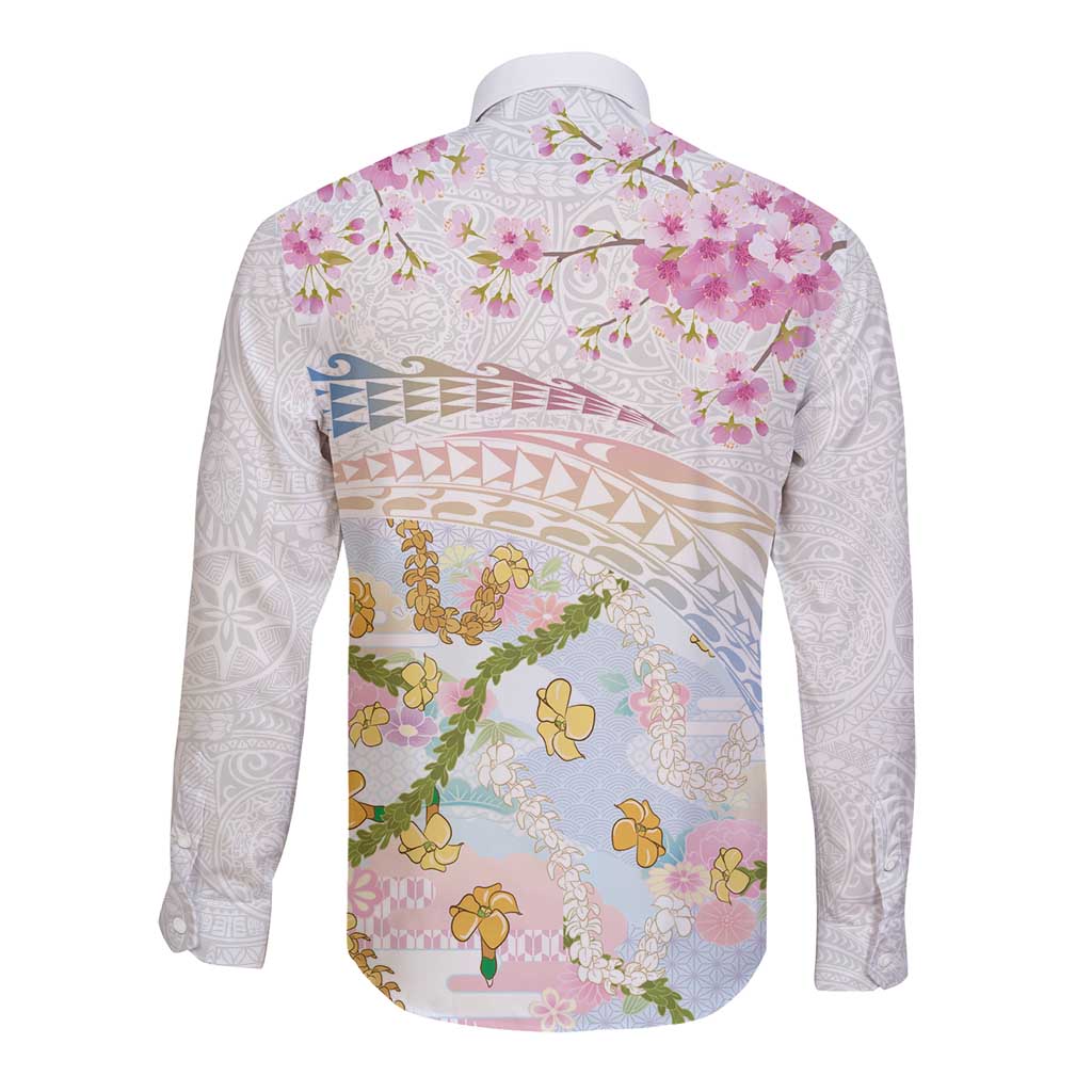 Hawaiian and Japanese Culture Together Long Sleeve Button Shirt Tribal Motifs with Lei and Japanese Sakura Pattern