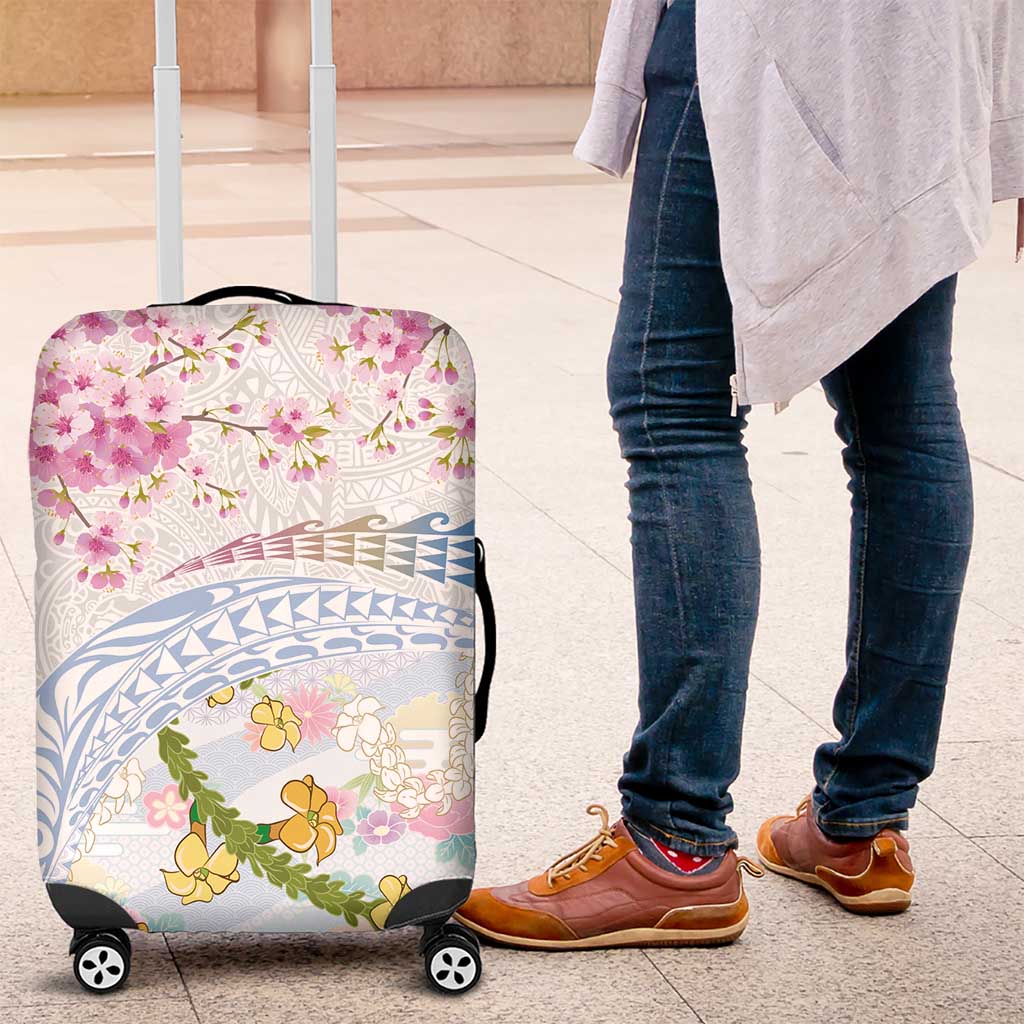 Hawaiian and Japanese Culture Together Luggage Cover Tribal Motifs with Lei and Japanese Sakura Pattern