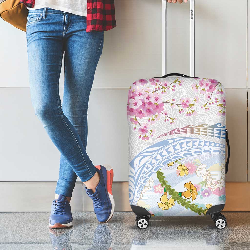 Hawaiian and Japanese Culture Together Luggage Cover Tribal Motifs with Lei and Japanese Sakura Pattern