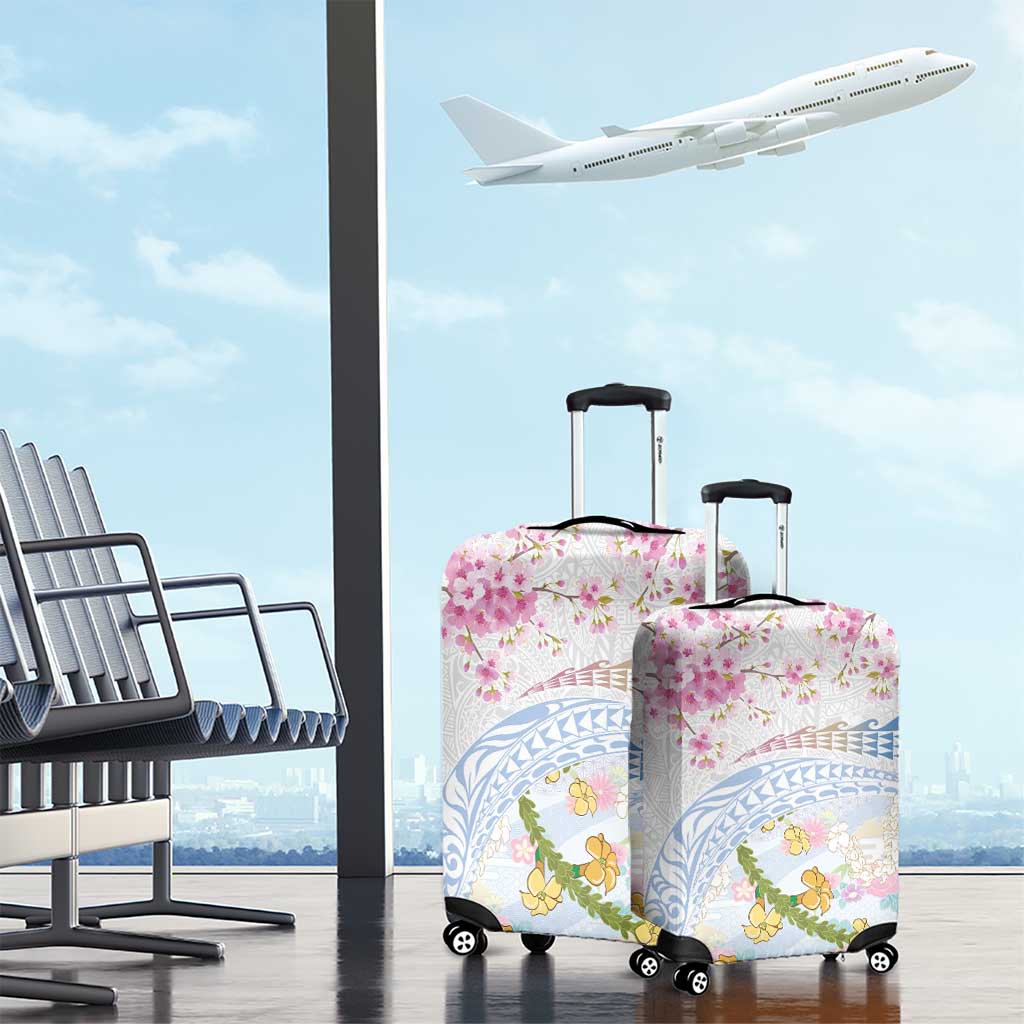 Hawaiian and Japanese Culture Together Luggage Cover Tribal Motifs with Lei and Japanese Sakura Pattern