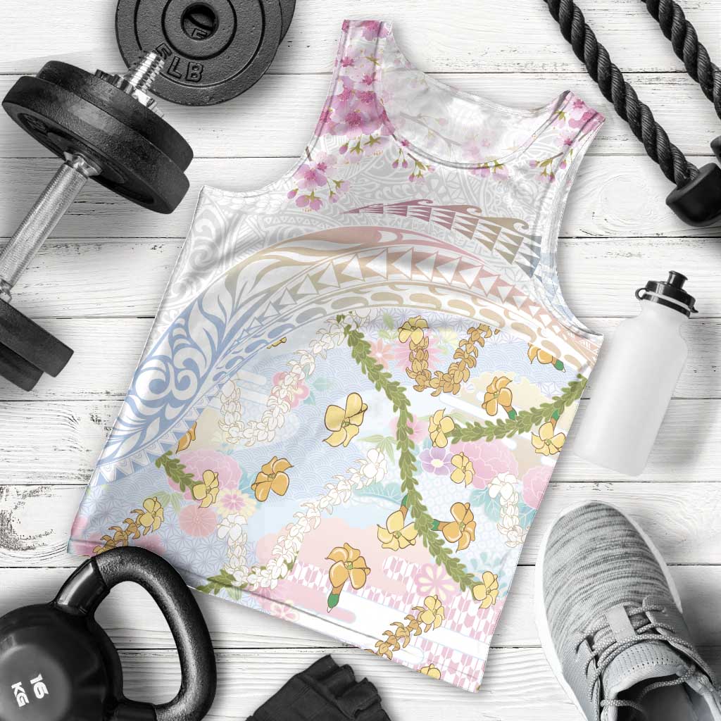 Hawaiian and Japanese Culture Together Men Tank Top Tribal Motifs with Lei and Japanese Sakura Pattern