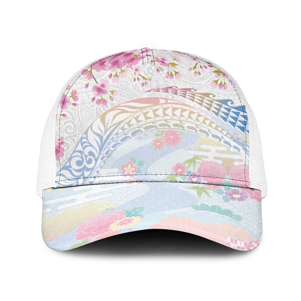 Hawaiian and Japanese Culture Together Mesh Trucker Cap Tribal Motifs with Lei and Japanese Sakura Pattern