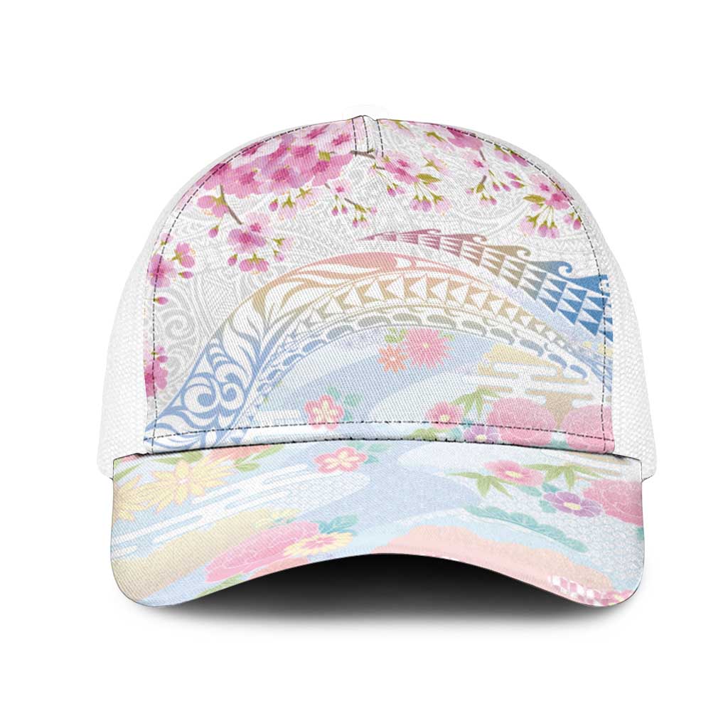 Hawaiian and Japanese Culture Together Mesh Trucker Cap Tribal Motifs with Lei and Japanese Sakura Pattern