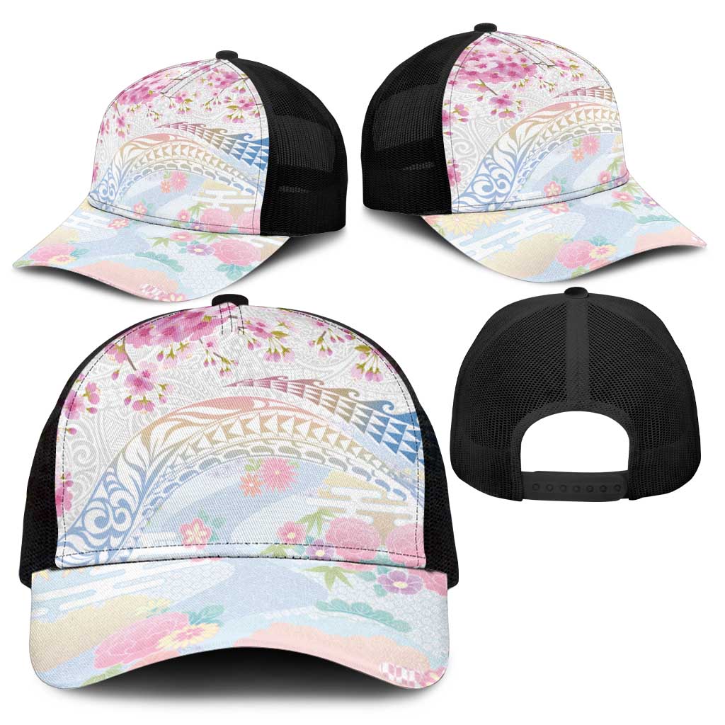 Hawaiian and Japanese Culture Together Mesh Trucker Cap Tribal Motifs with Lei and Japanese Sakura Pattern